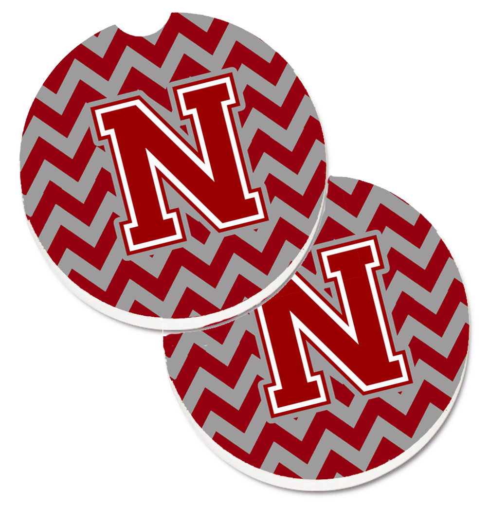 Letter N Chevron Maroon & White Set of 2 Cup Holder Car Coaster