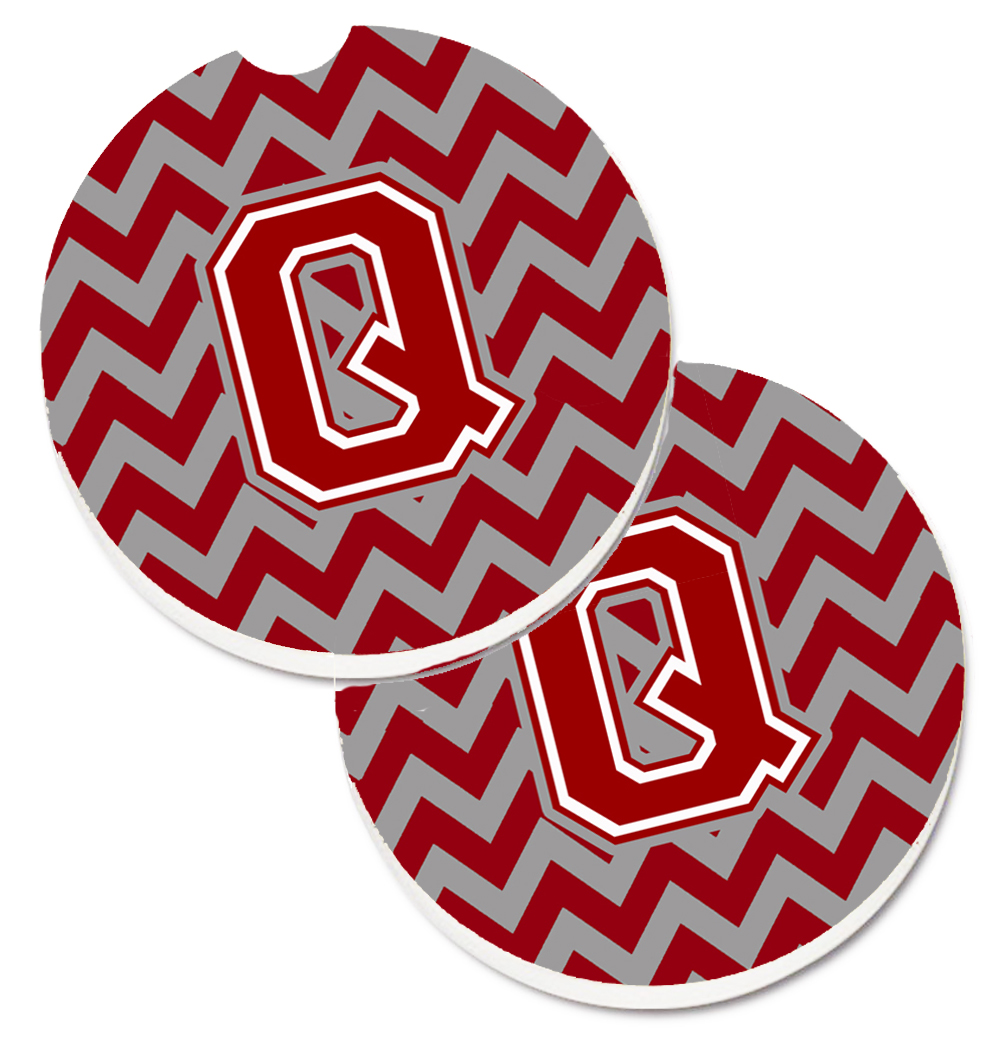 Letter Q Chevron Maroon & White Set of 2 Cup Holder Car Coaster