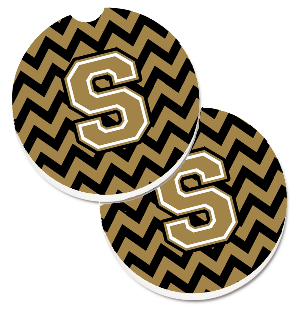 Letter S Chevron Black & Gold Set of 2 Cup Holder Car Coaster