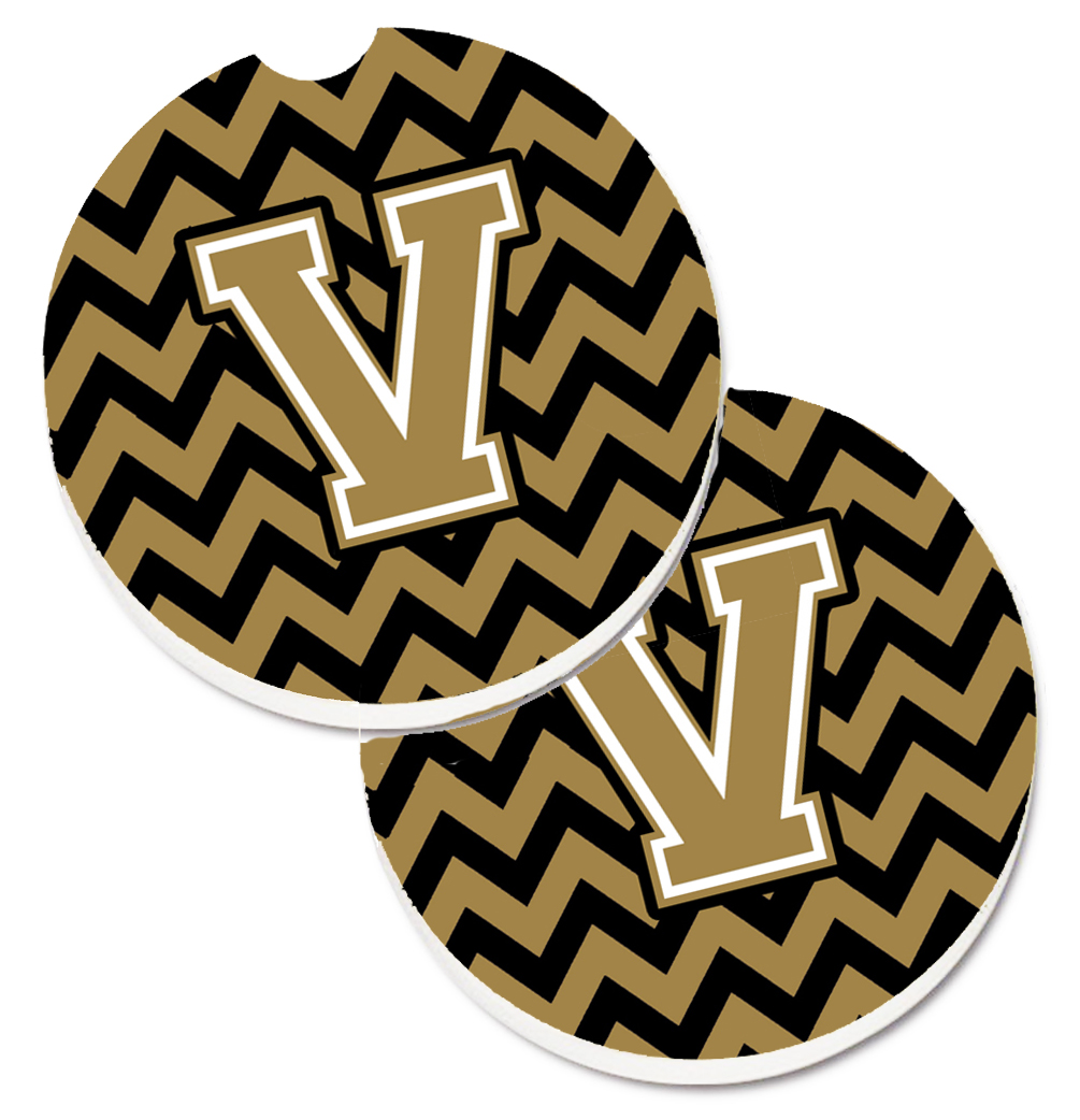 Letter V Chevron Black & Gold Set of 2 Cup Holder Car Coaster
