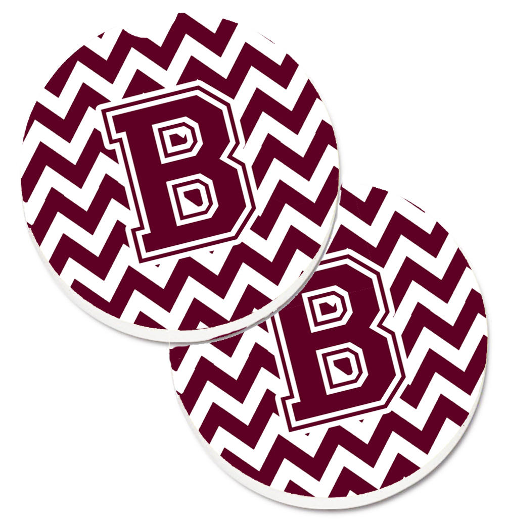 Letter B Chevron Maroon & White Set of 2 Cup Holder Car Coaster