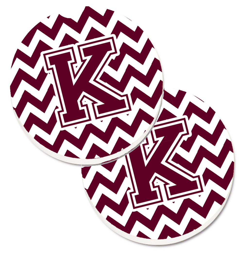 Letter K Chevron Maroon & White Set of 2 Cup Holder Car Coaster