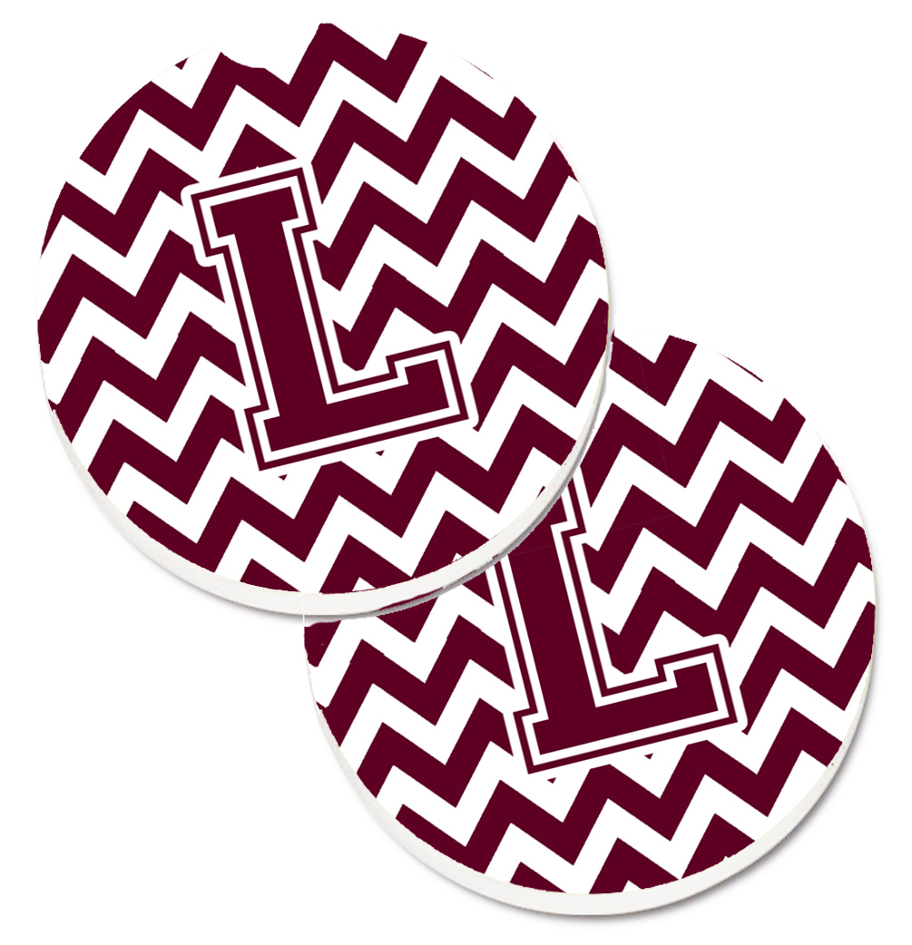 Letter L Chevron Maroon & White Set of 2 Cup Holder Car Coaster
