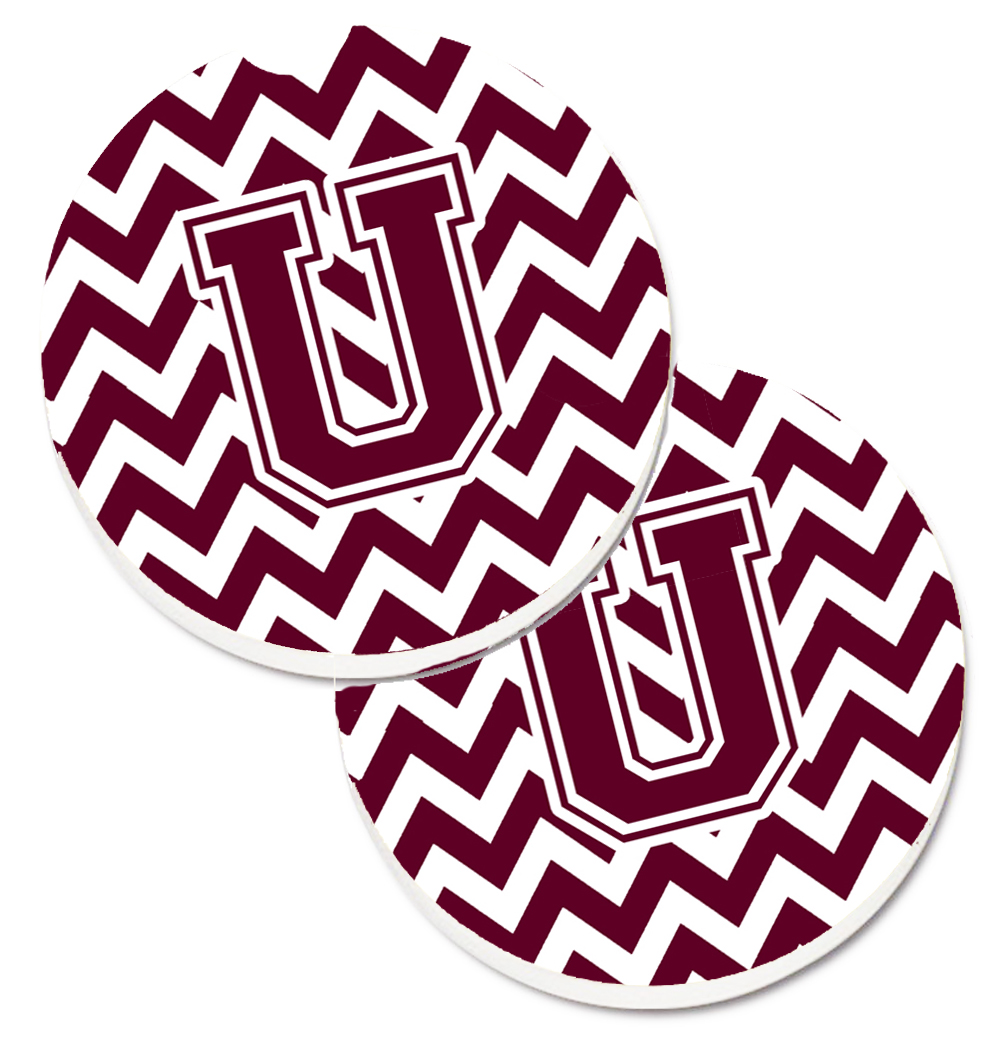 CJ1051-UCARC Letter U Chevron Maroon & White Set of 2 Cup Holder Car Coaster