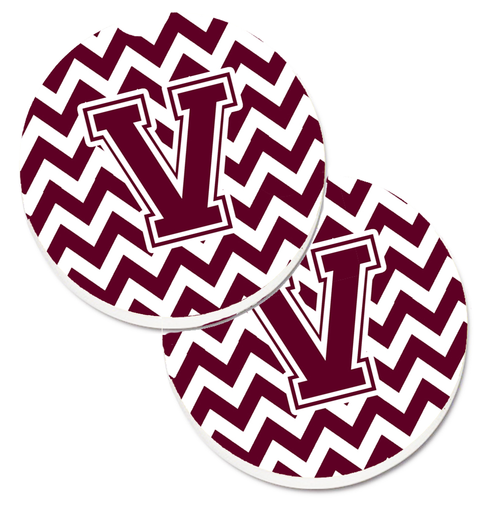 CJ1051-VCARC Letter V Chevron Maroon & White Set of 2 Cup Holder Car Coaster