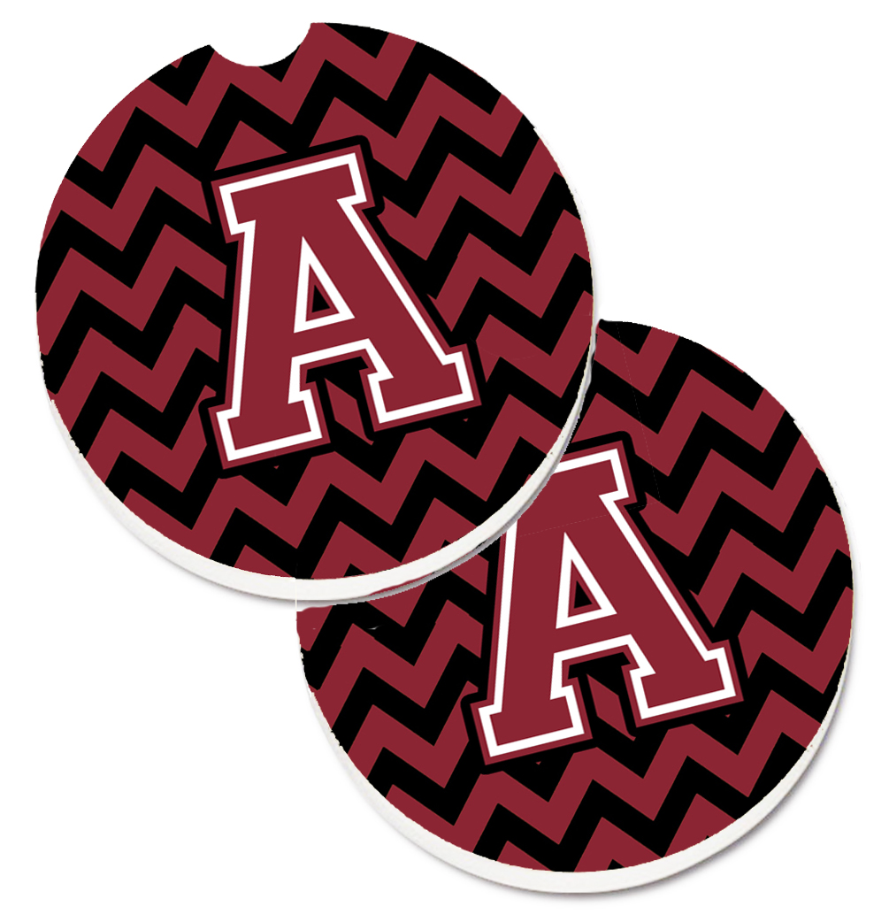 Letter A Chevron Garnet & Black Set of 2 Cup Holder Car Coaster