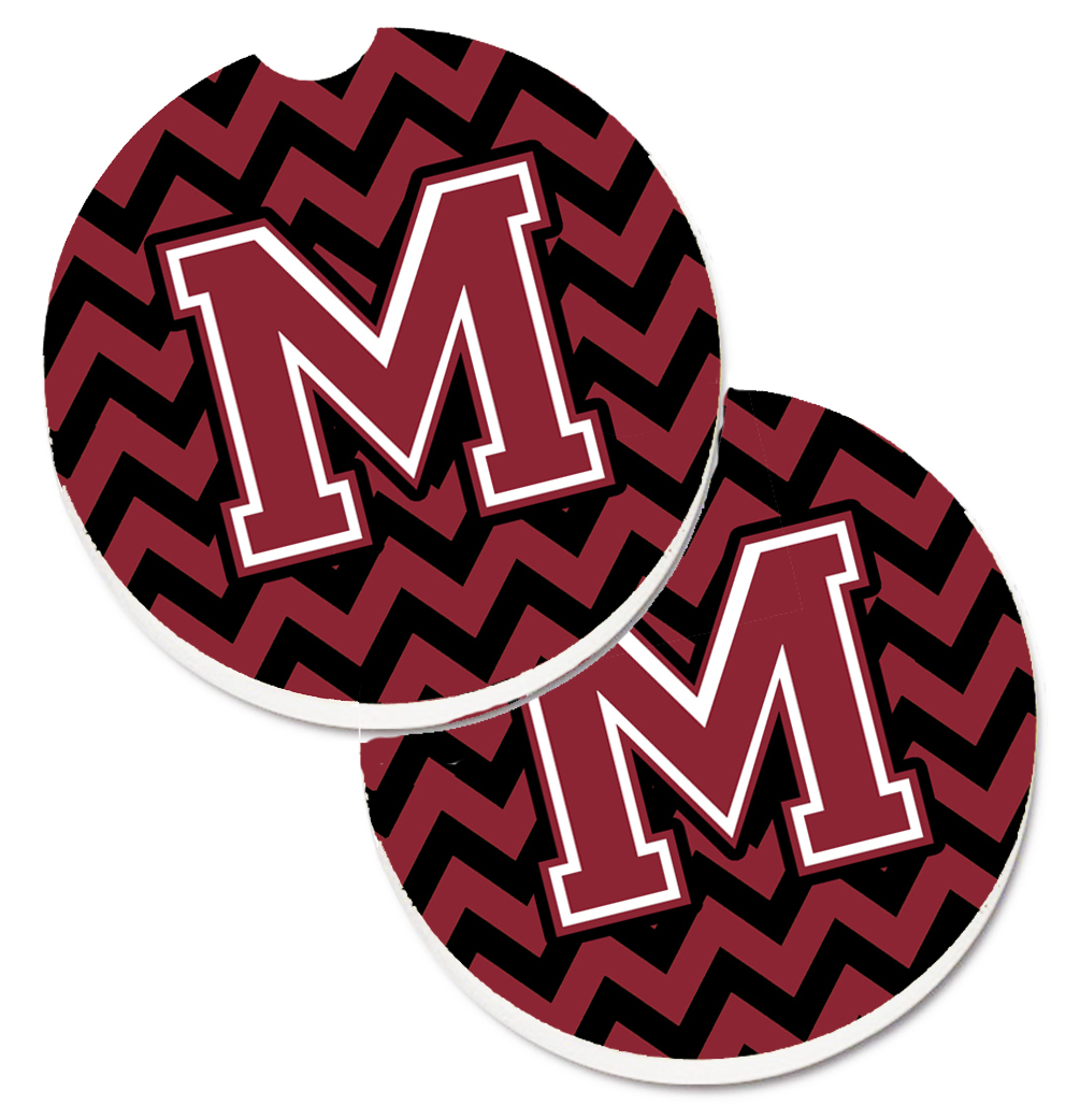 CJ1052-MCARC Letter M Chevron Garnet & Black Set of 2 Cup Holder Car Coaster