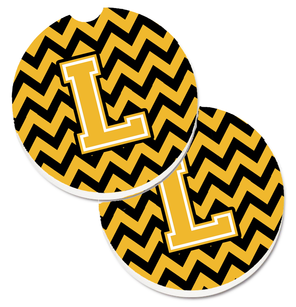 Picture of Carolines Treasures CJ1053-LCARC Letter L Chevron Black & Gold Set of 2 Cup Holder Car Coaster