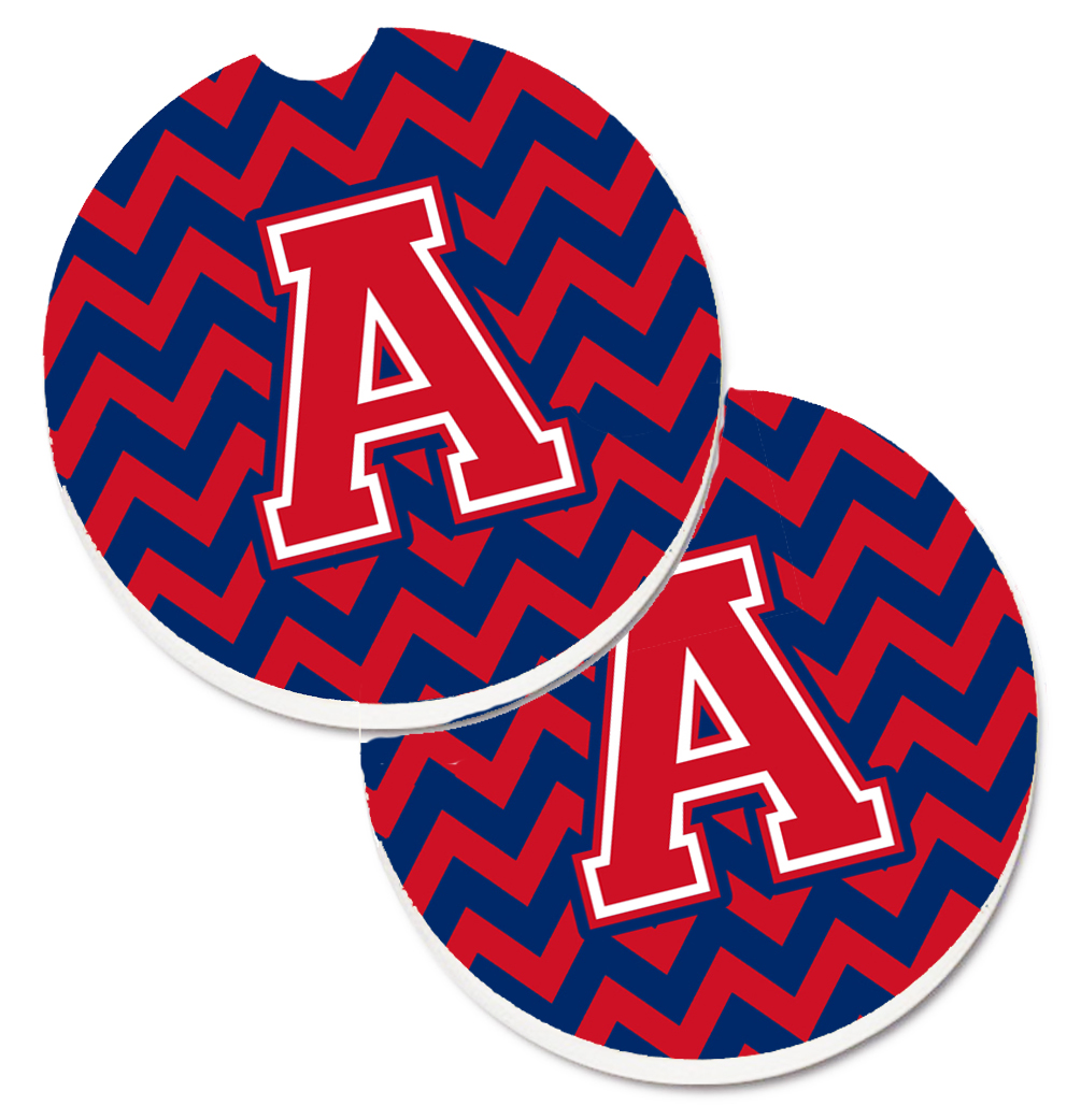 CJ1054-ACARC Letter A Chevron Yale Blue & Crimson Set of 2 Cup Holder Car Coaster