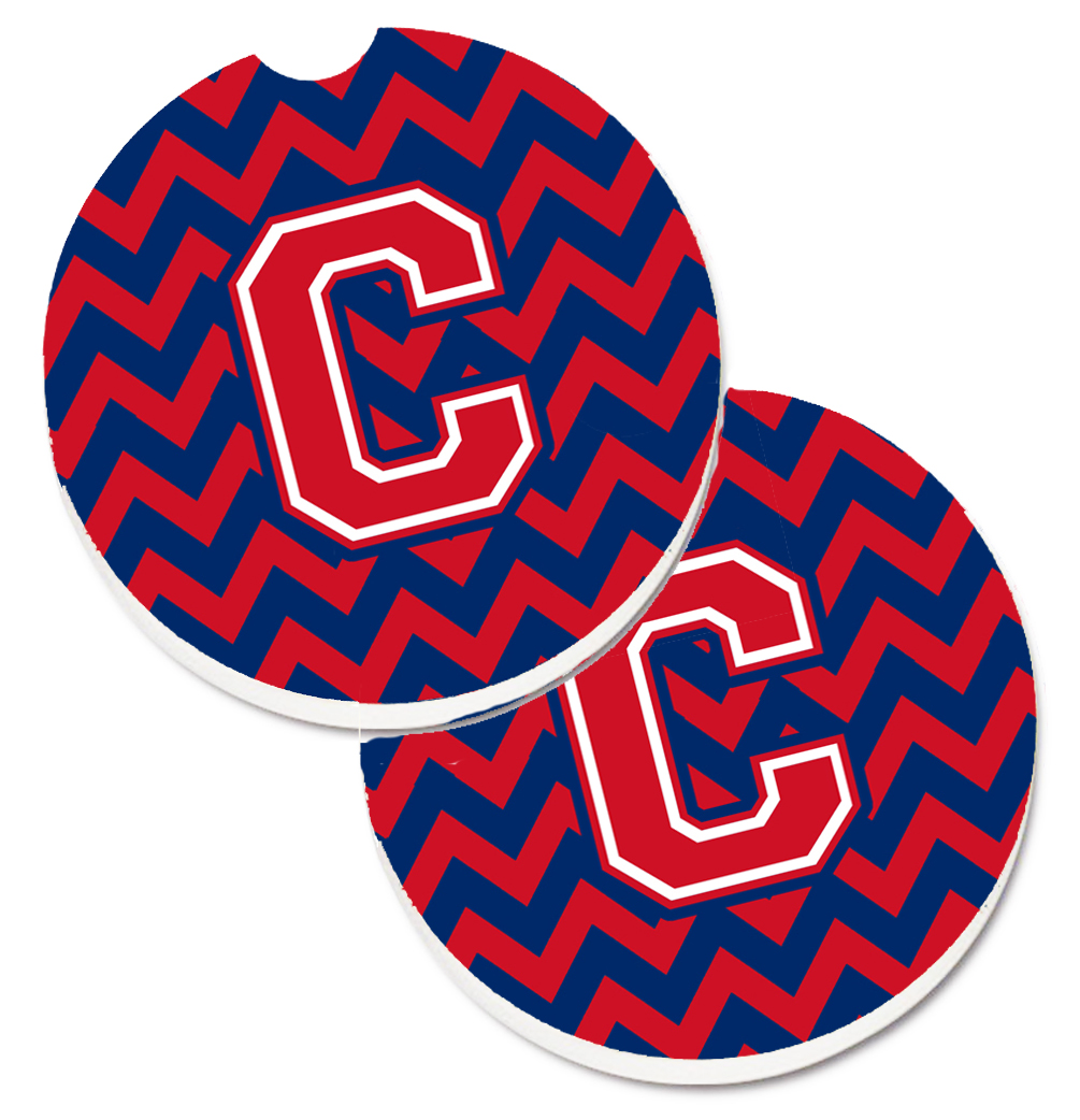 CJ1054-CCARC Letter C Chevron Yale Blue & Crimson Set of 2 Cup Holder Car Coaster