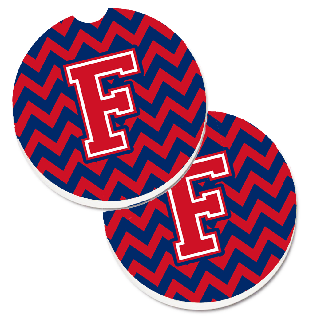 CJ1054-FCARC Letter F Chevron Yale Blue & Crimson Set of 2 Cup Holder Car Coaster