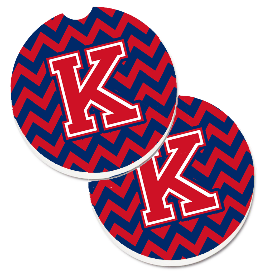 CJ1054-KCARC Letter K Chevron Yale Blue & Crimson Set of 2 Cup Holder Car Coaster