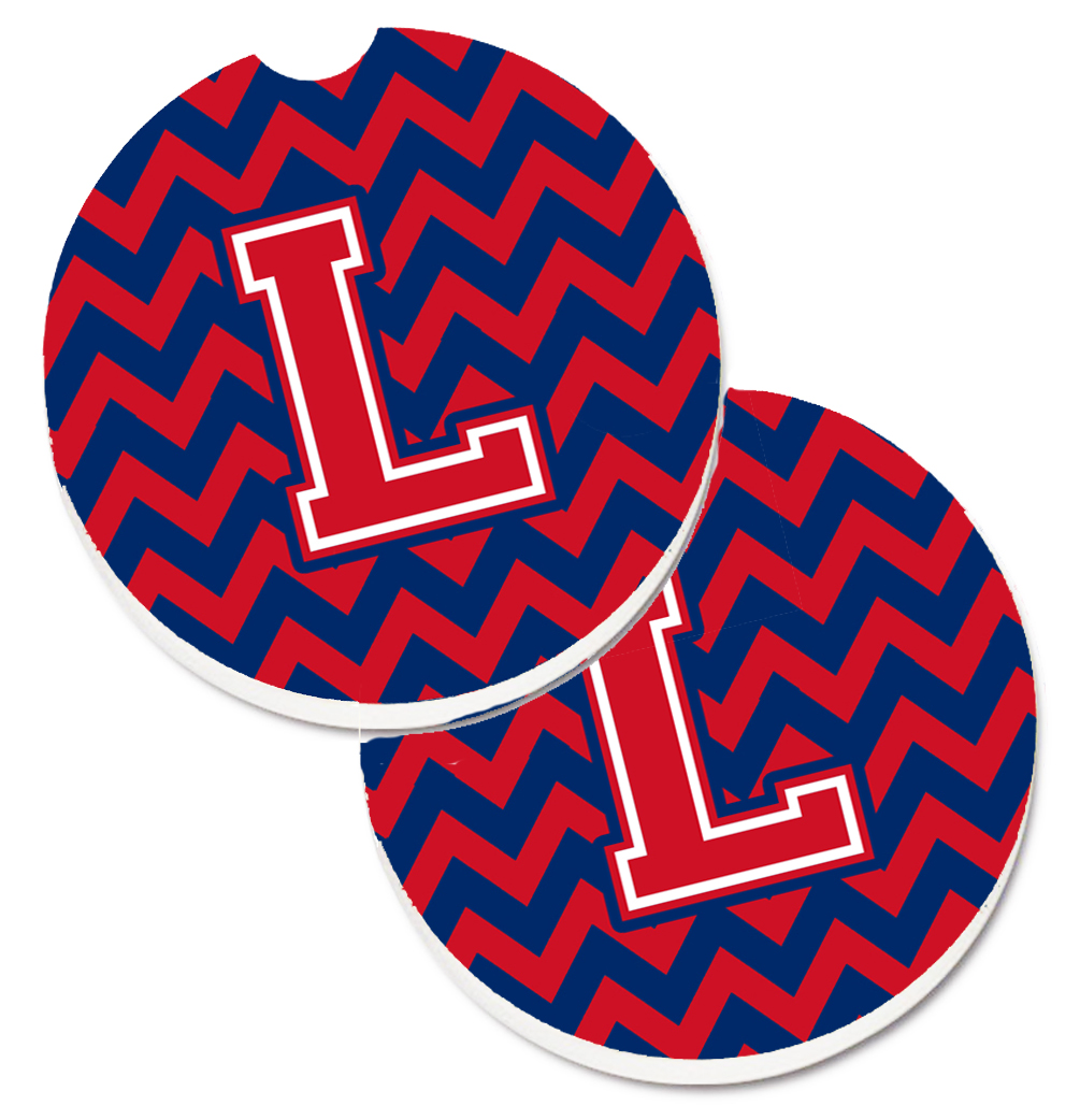 CJ1054-LCARC Letter L Chevron Yale Blue & Crimson Set of 2 Cup Holder Car Coaster