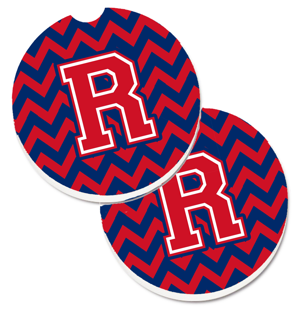 CJ1054-RCARC Letter R Chevron Yale Blue & Crimson Set of 2 Cup Holder Car Coaster
