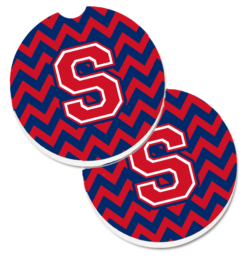 CJ1054-SCARC Letter S Chevron Yale Blue & Crimson Set of 2 Cup Holder Car Coaster