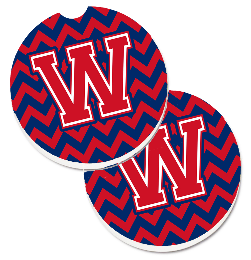 CJ1054-WCARC Letter W Chevron Yale Blue & Crimson Set of 2 Cup Holder Car Coaster