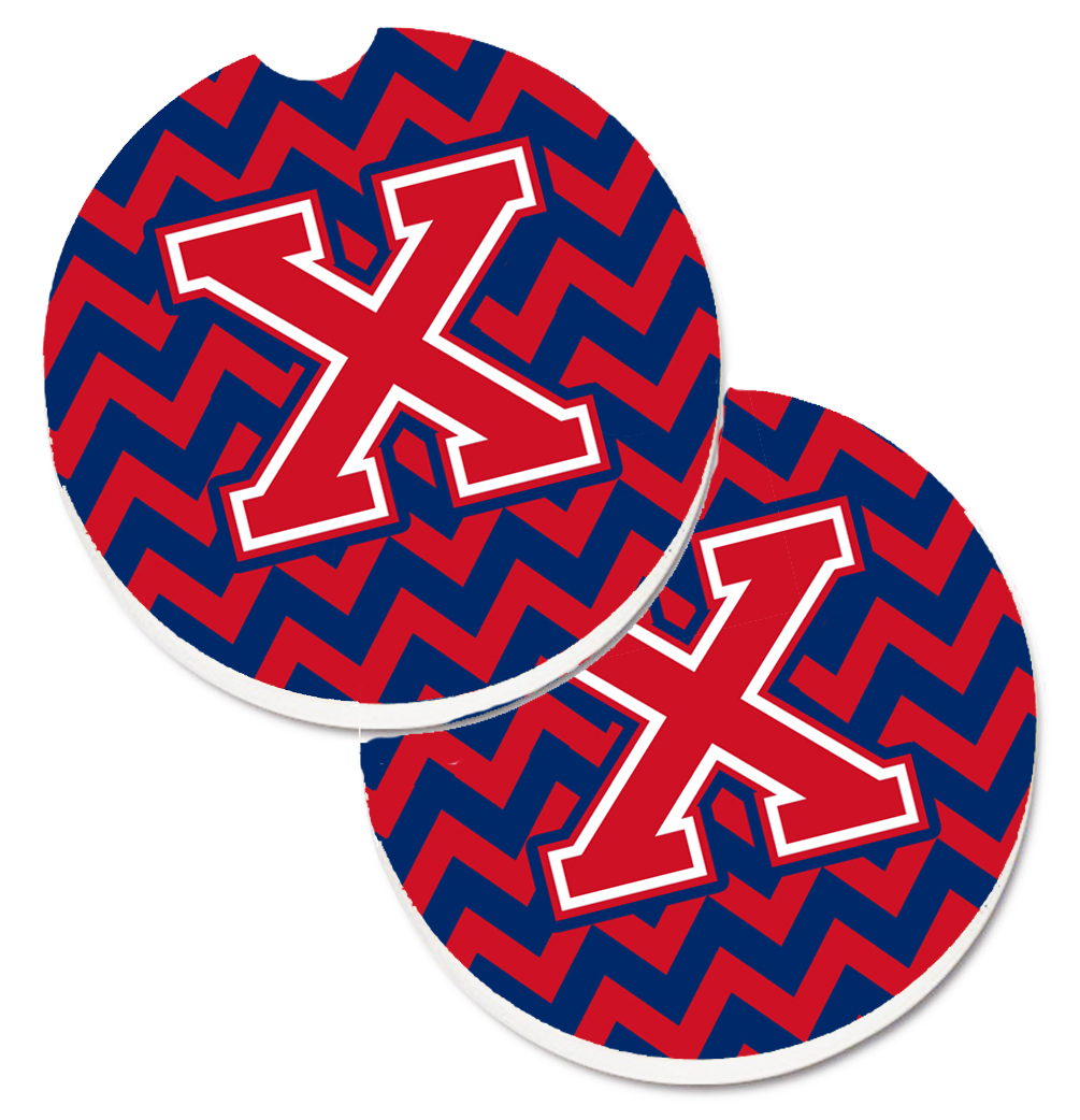 CJ1054-XCARC Letter X Chevron Yale Blue & Crimson Set of 2 Cup Holder Car Coaster