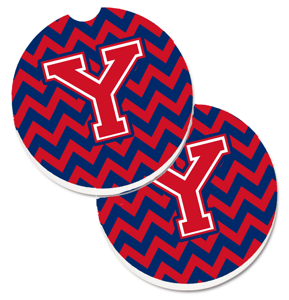 CJ1054-YCARC Letter Y Chevron Yale Blue & Crimson Set of 2 Cup Holder Car Coaster
