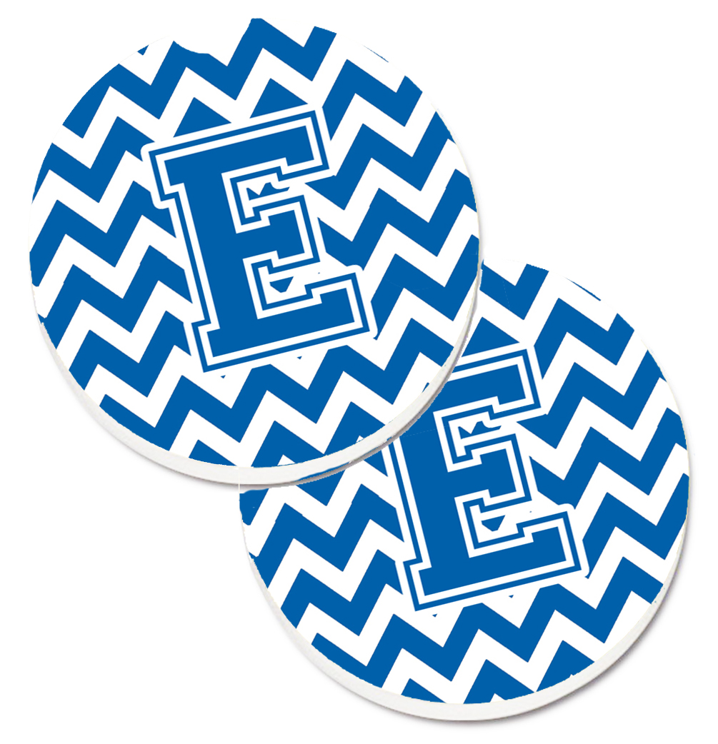 Letter E Chevron Blue & White Set of 2 Cup Holder Car Coaster