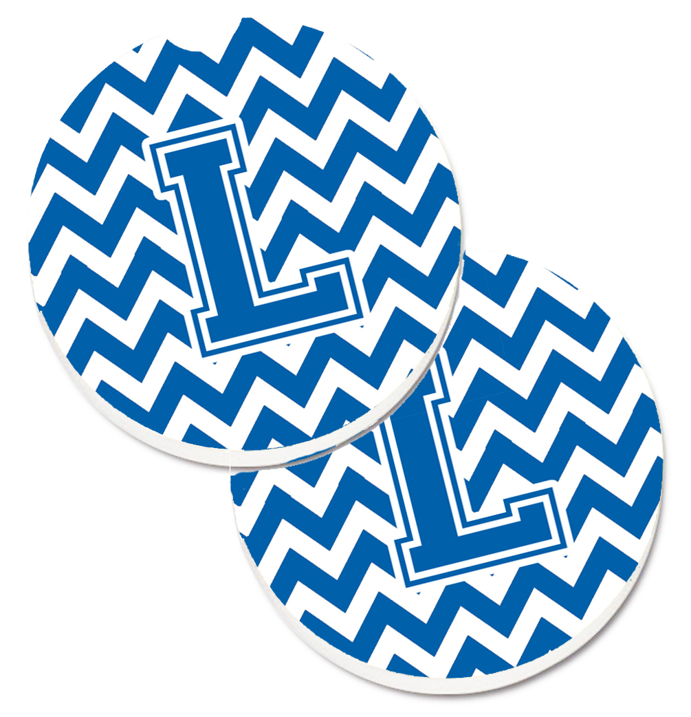 Letter L Chevron Blue & White Set of 2 Cup Holder Car Coaster