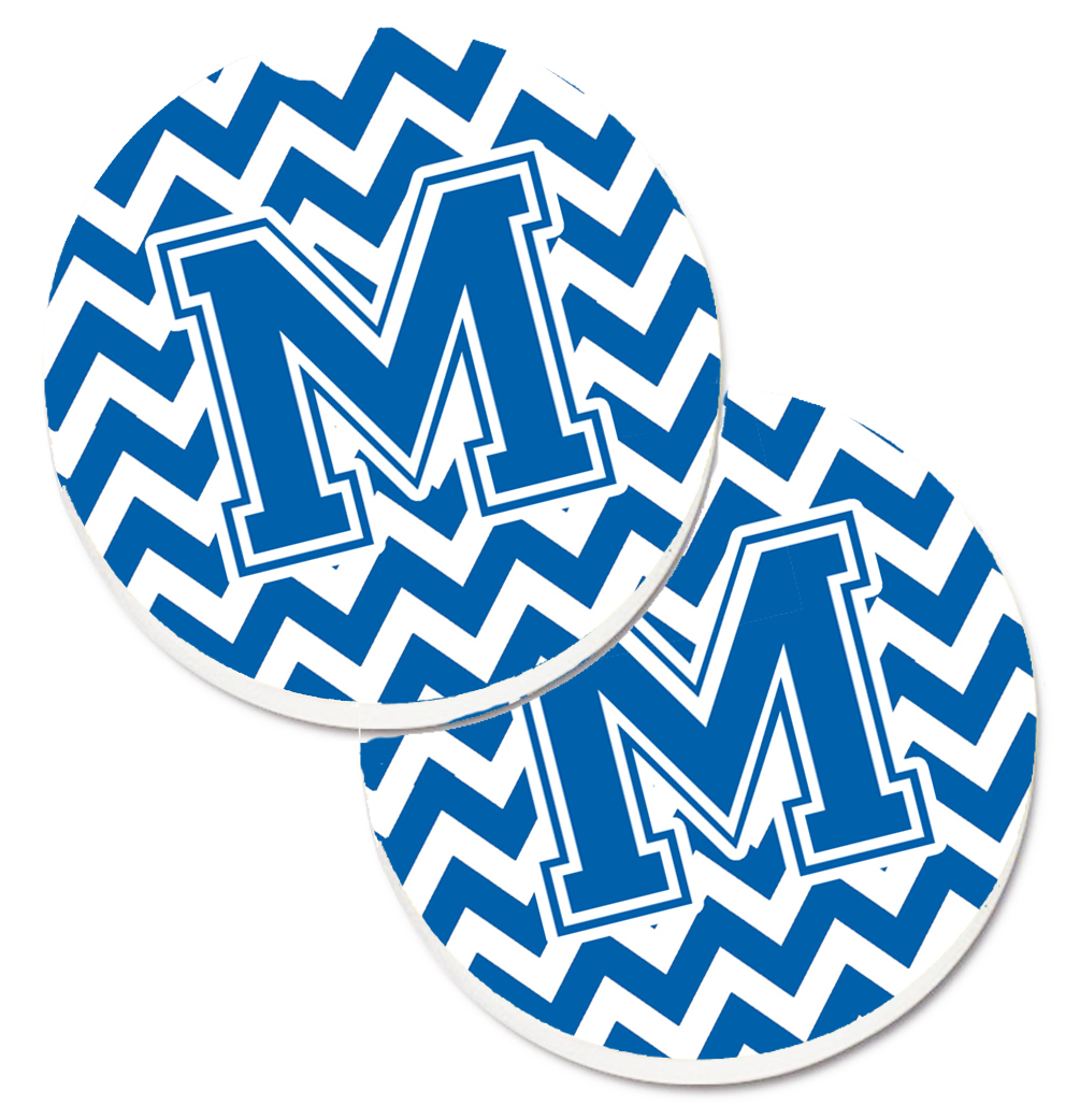 Picture of Carolines Treasures CJ1056-MCARC Letter M Chevron Blue & White Set of 2 Cup Holder Car Coaster