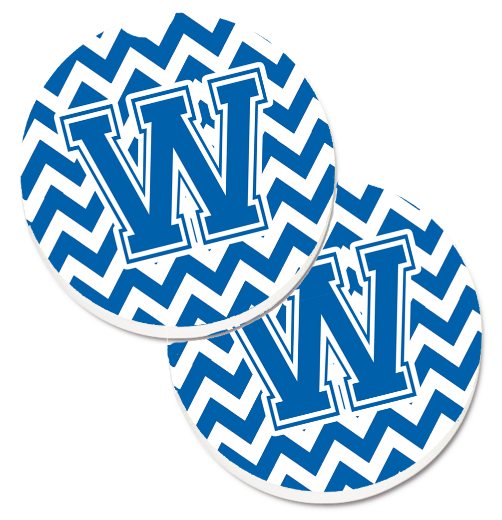 Letter W Chevron Blue & White Set of 2 Cup Holder Car Coaster
