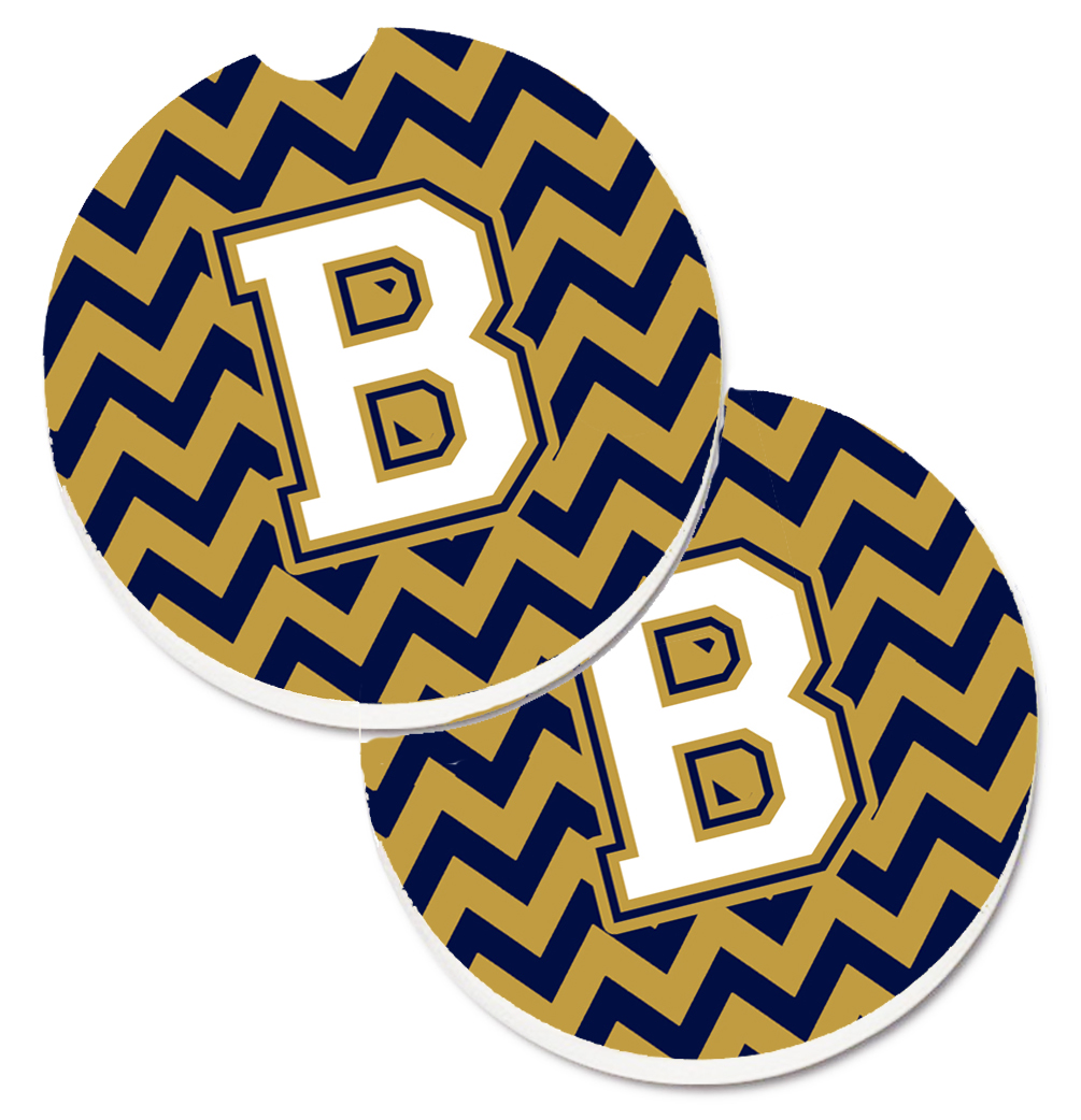 Letter B Chevron Navy Blue & Gold Set of 2 Cup Holder Car Coaster