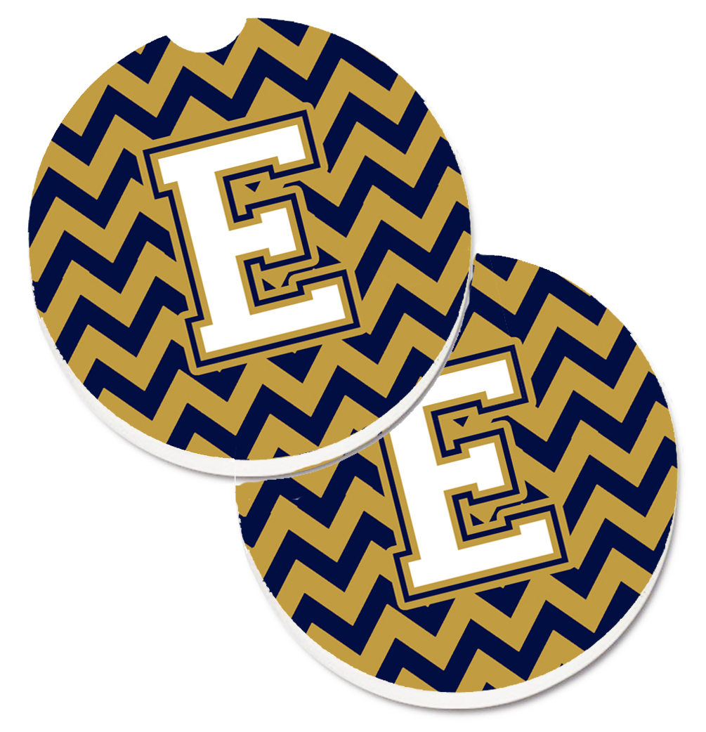Picture of Carolines Treasures CJ1057-ECARC Letter E Chevron Navy Blue & Gold Set of 2 Cup Holder Car Coaster