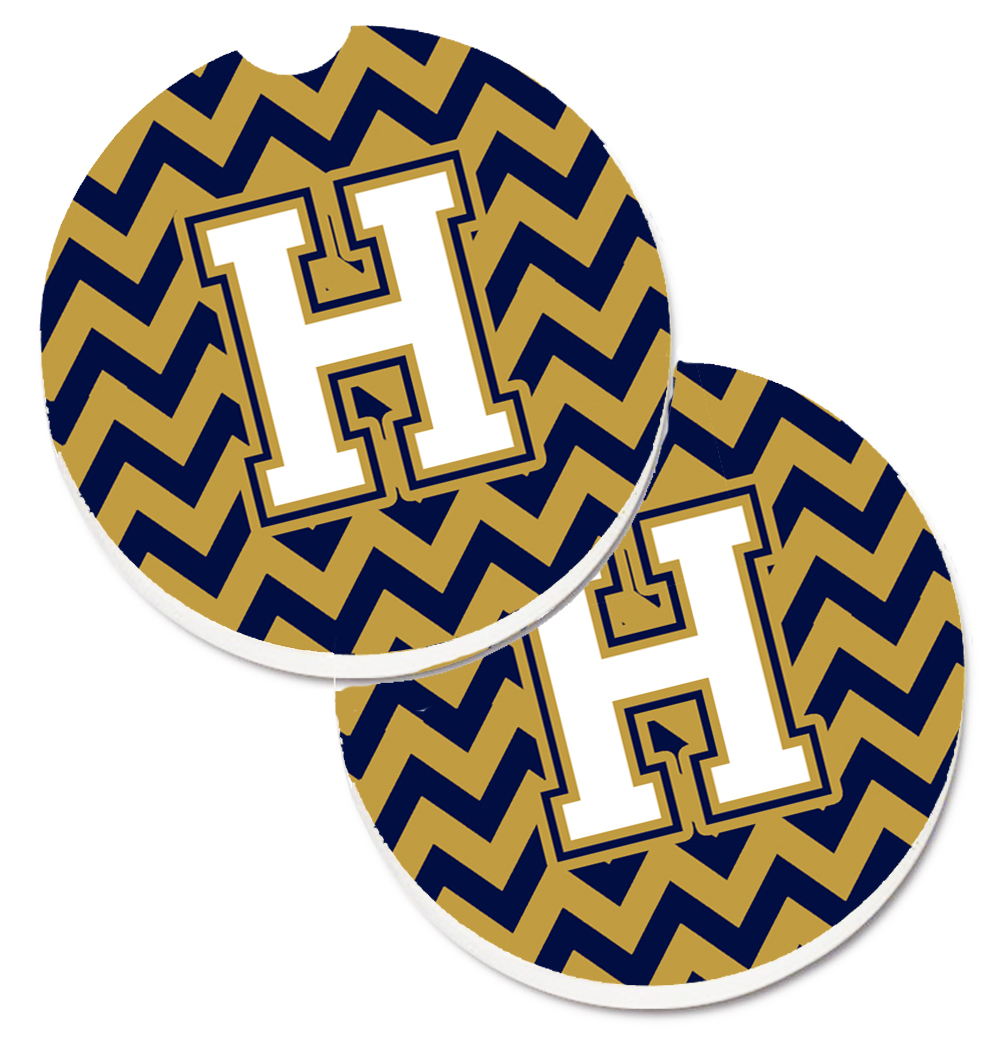 Letter H Chevron Navy Blue & Gold Set of 2 Cup Holder Car Coaster
