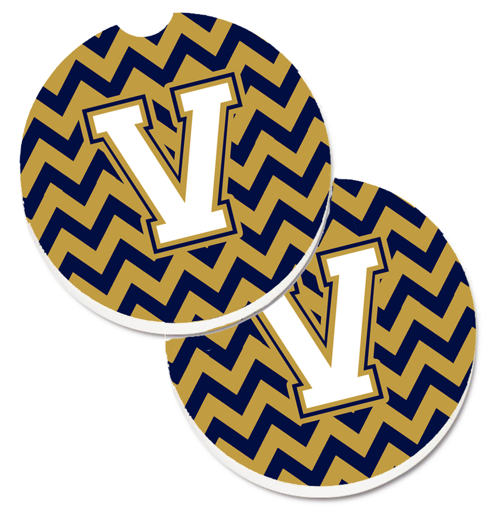 Letter V Chevron Navy Blue & Gold Set of 2 Cup Holder Car Coaster