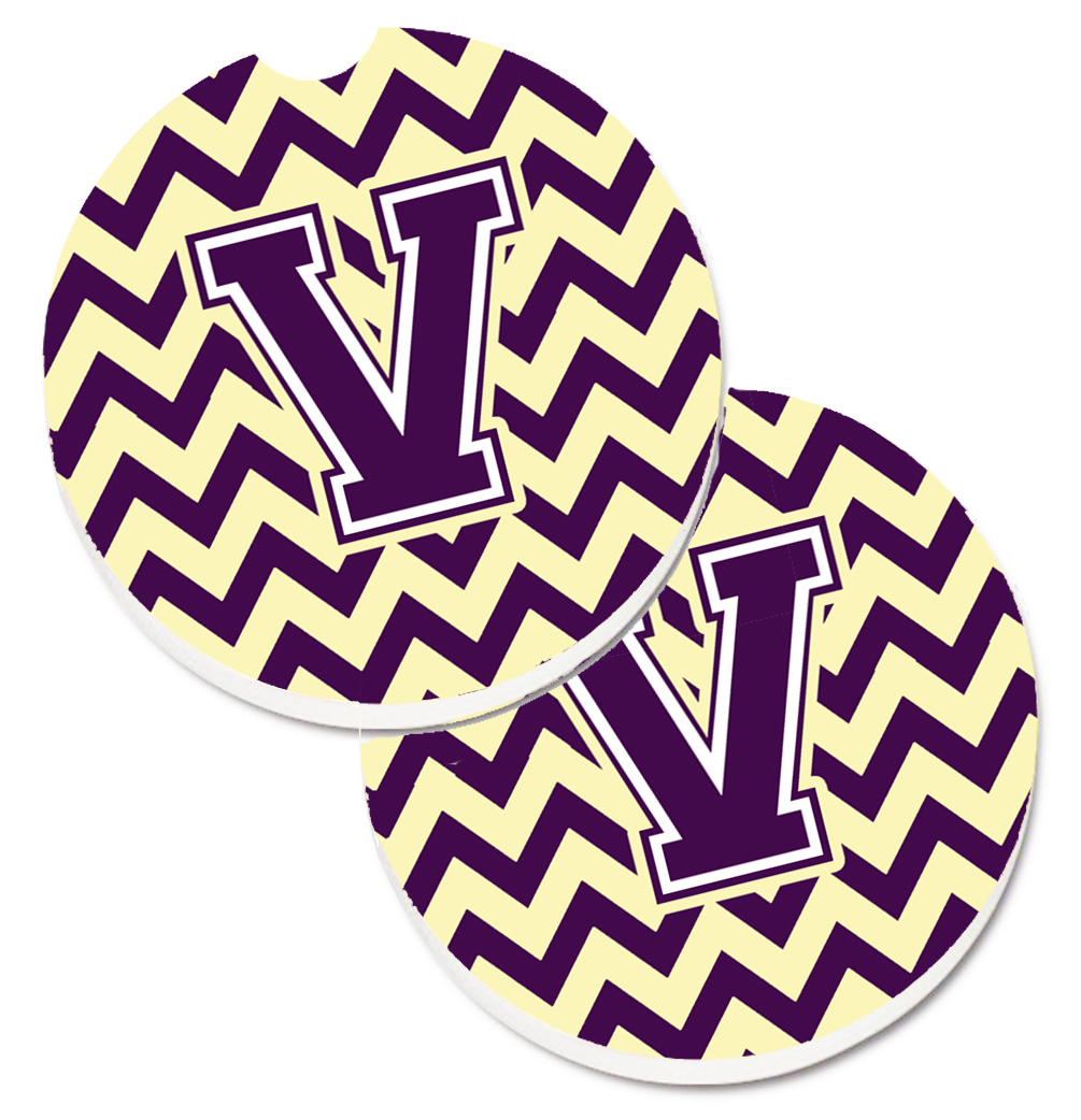 Picture of Carolines Treasures CJ1058-VCARC Letter V Chevron Purple & Gold Set of 2 Cup Holder Car Coaster