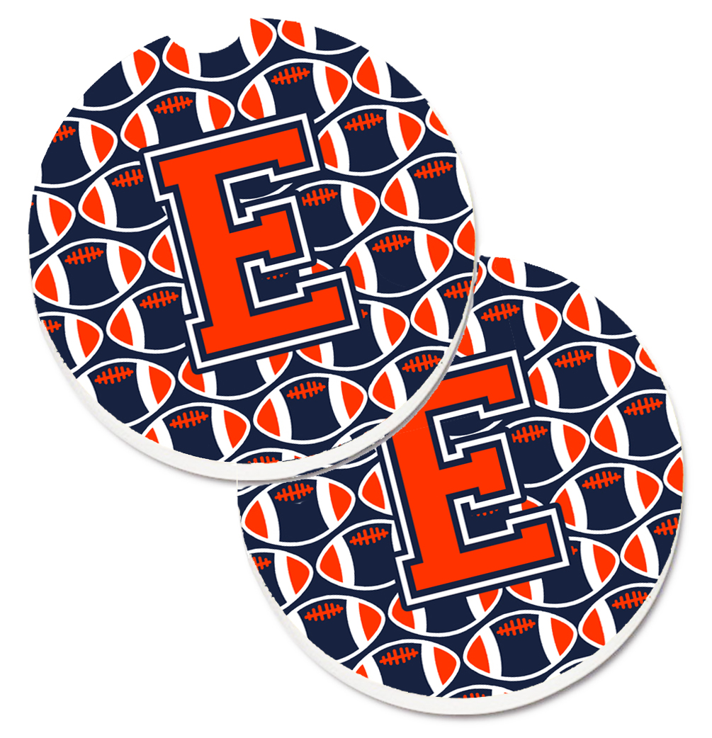 Picture of Carolines Treasures CJ1066-ECARC Letter E Football Orange with Blue & White Set of 2 Cup Holder Car Coaster