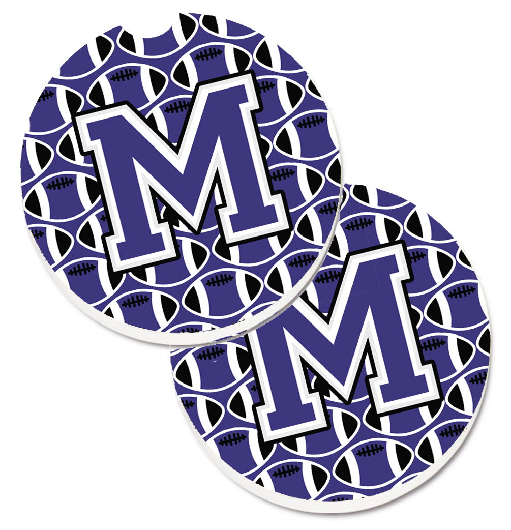 CJ1068-MCARC Letter M Football Purple & White Set of 2 Cup Holder Car Coaster