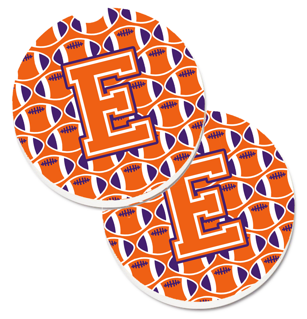CJ1072-ECARC Letter E Football Orange with White & Regalia Set of 2 Cup Holder Car Coaster
