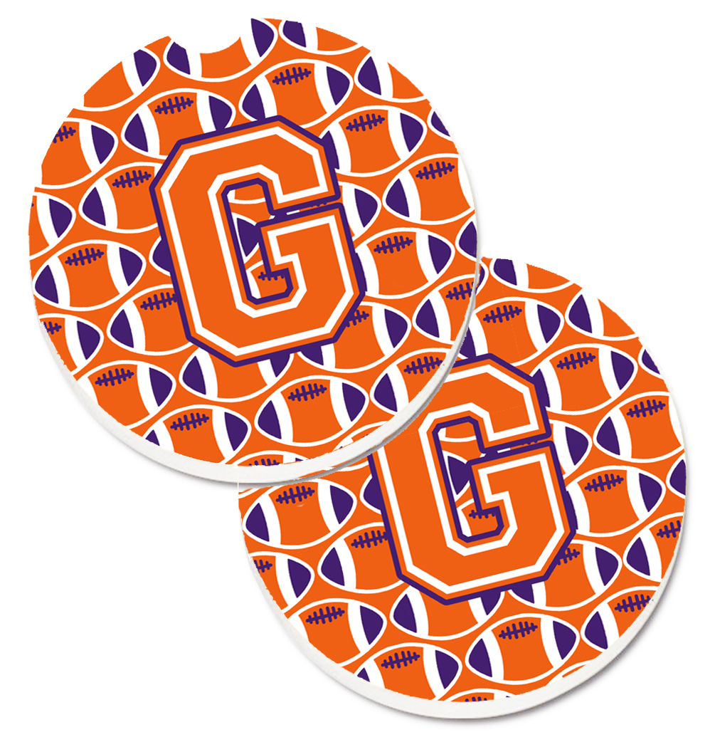 CJ1072-GCARC Letter G Football Orange with White & Regalia Set of 2 Cup Holder Car Coaster