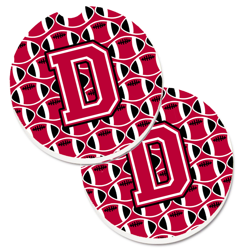 CJ1079-DCARC Letter D Football Crimson & White Set of 2 Cup Holder Car Coaster
