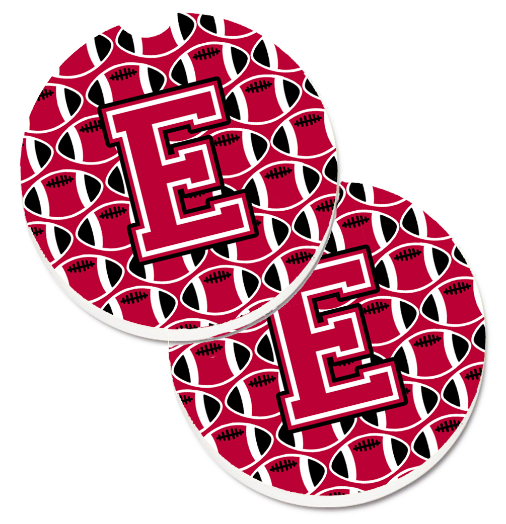 CJ1079-ECARC Letter E Football Crimson & White Set of 2 Cup Holder Car Coaster