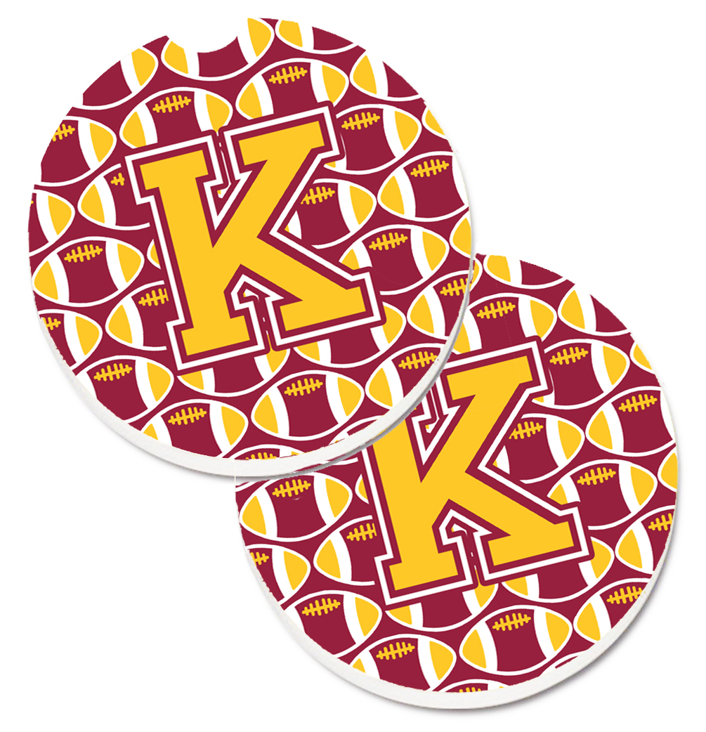 CJ1081-KCARC Letter K Football Maroon & Gold Set of 2 Cup Holder Car Coaster