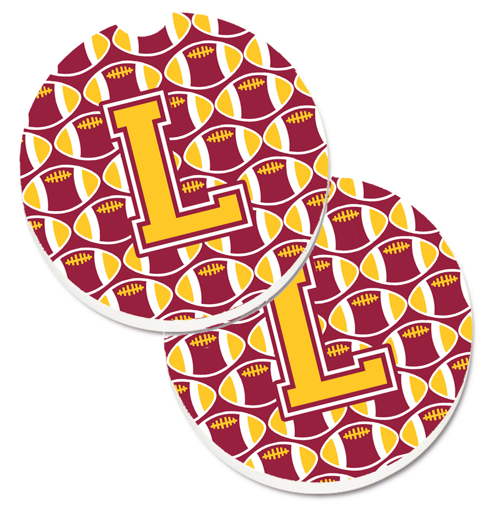 CJ1081-LCARC Letter L Football Maroon & Gold Set of 2 Cup Holder Car Coaster