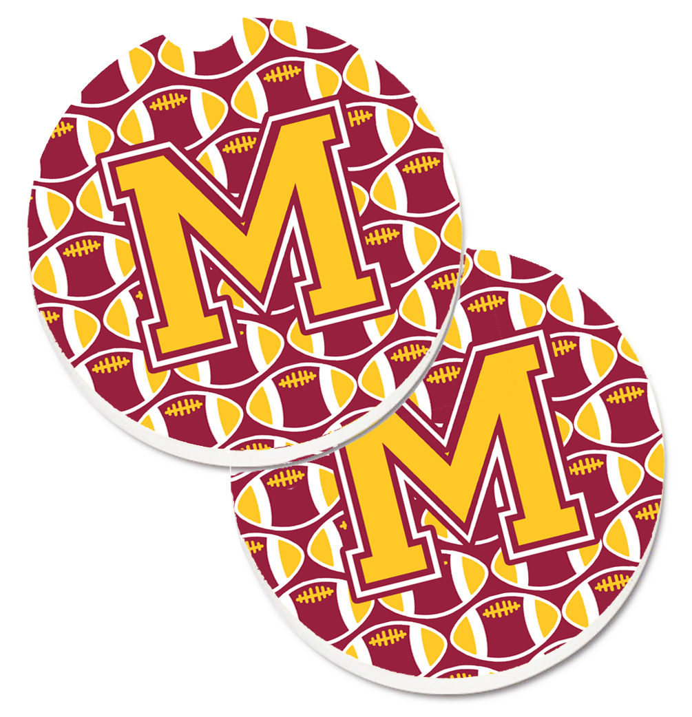 CJ1081-MCARC Letter M Football Maroon & Gold Set of 2 Cup Holder Car Coaster