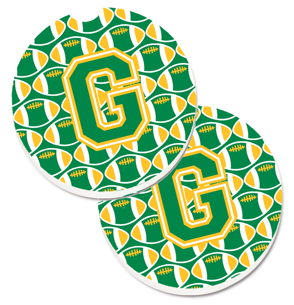 CJ1069-GCARC Letter G Football Green & Gold Set of 2 Cup Holder Car Coaster
