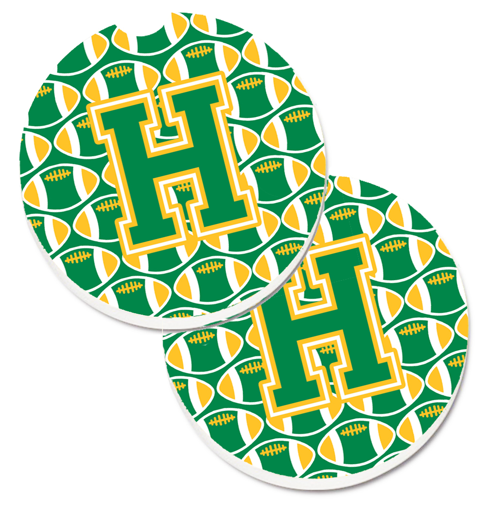 CJ1069-HCARC Letter H Football Green & Gold Set of 2 Cup Holder Car Coaster