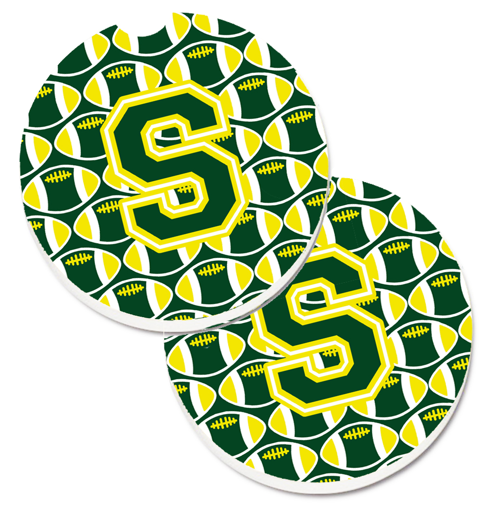 CJ1075-SCARC Letter S Football Green & Yellow Set of 2 Cup Holder Car Coaster