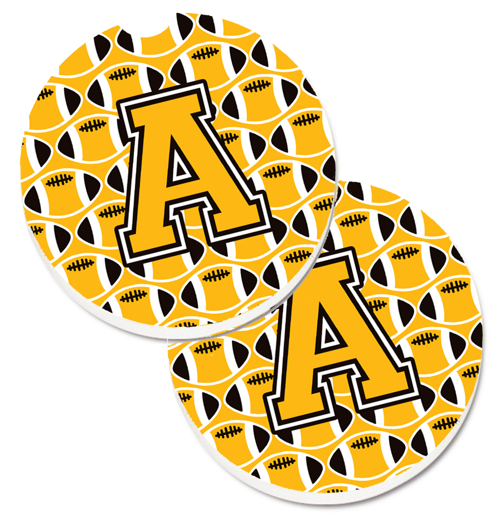CJ1080-ACARC Letter A Football Black with Old Gold & White Set of 2 Cup Holder Car Coaster