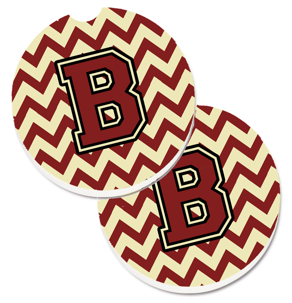 Letter B Chevron Maroon & Gold Set of 2 Cup Holder Car Coaster