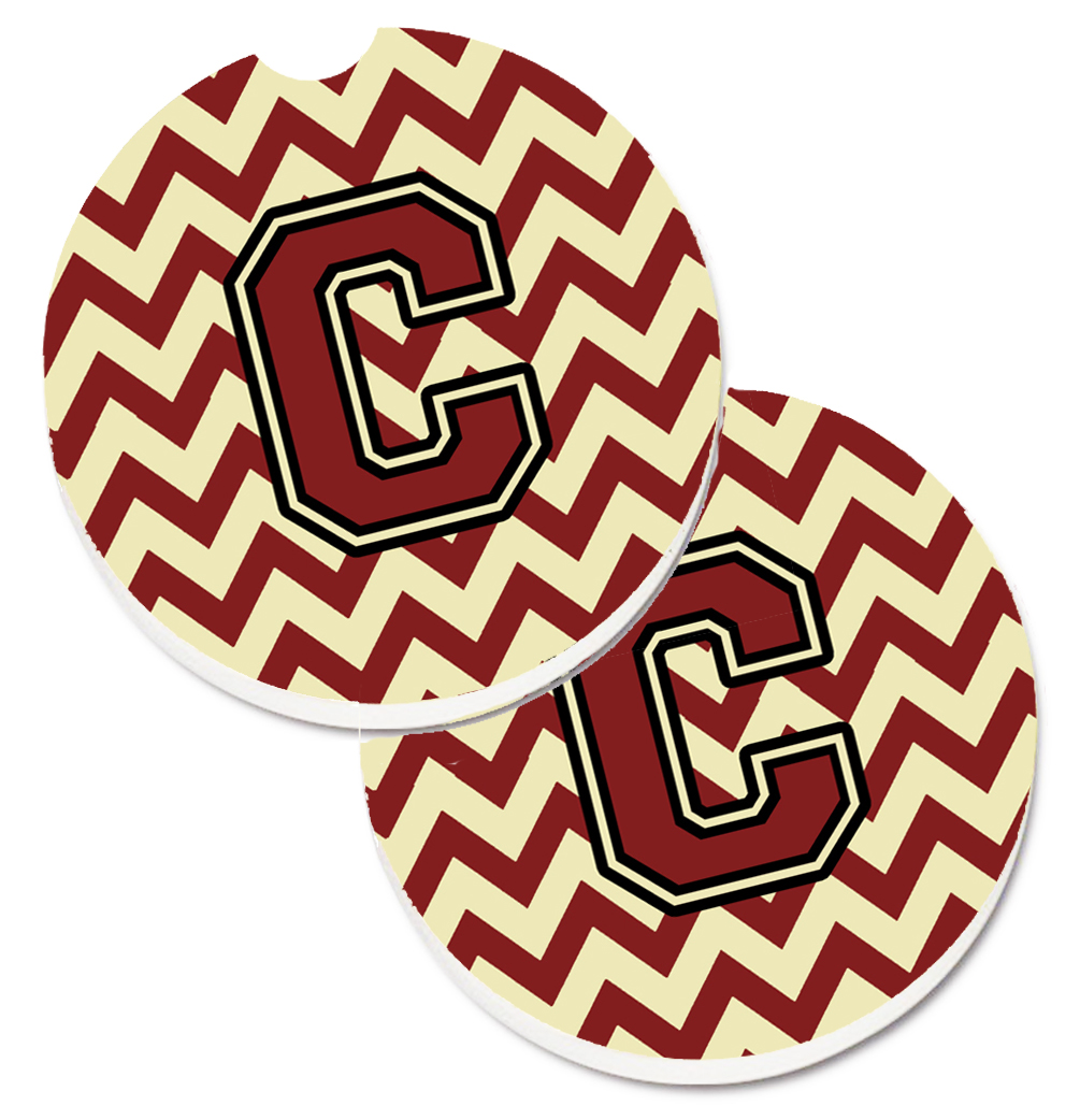 Letter C Chevron Maroon & Gold Set of 2 Cup Holder Car Coaster