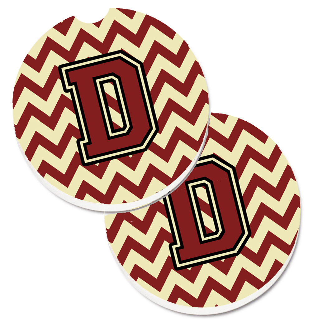 Letter D Chevron Maroon & Gold Set of 2 Cup Holder Car Coaster
