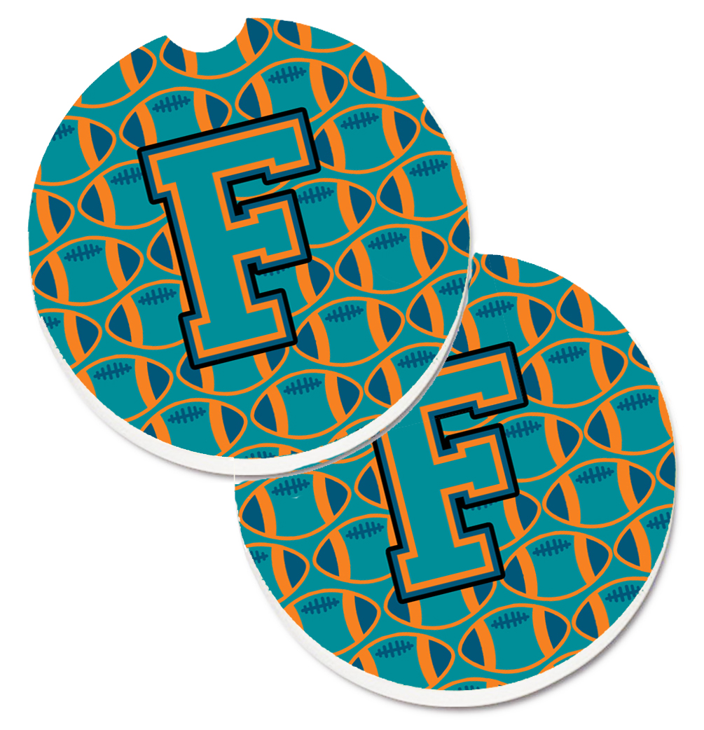 Picture of Carolines Treasures CJ1063-FCARC Letter F Football Aqua with Orange & Marine Blue Set of 2 Cup Holder Car Coaster