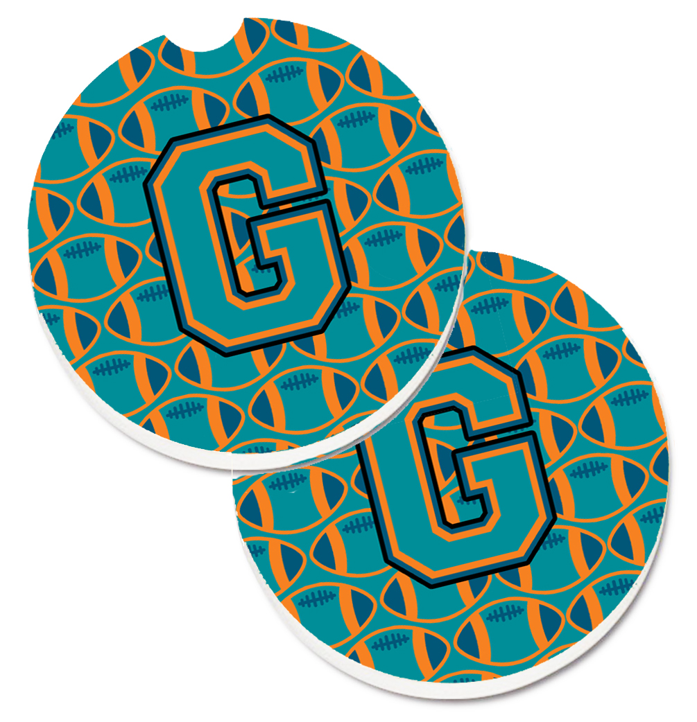 CJ1063-GCARC Letter G Football Aqua with Orange & Marine Blue Set of 2 Cup Holder Car Coaster