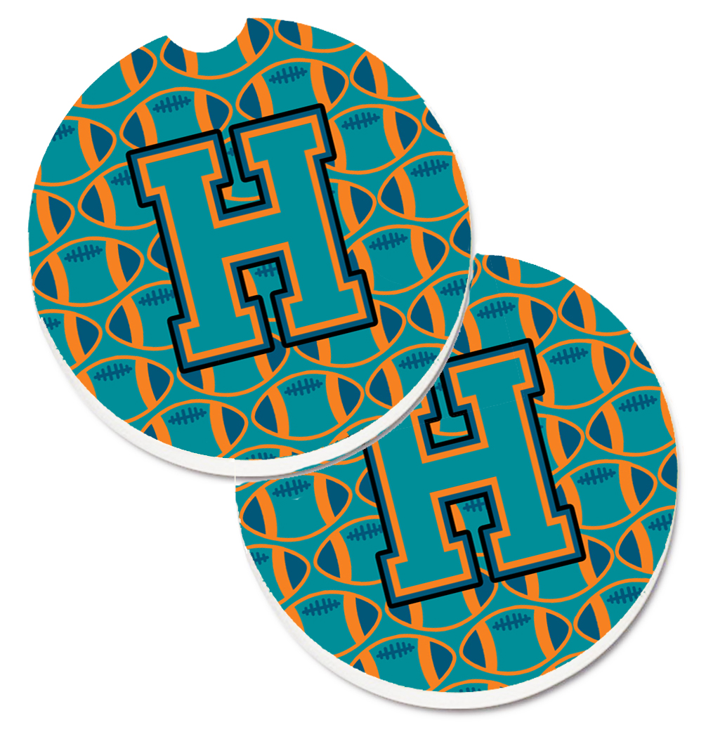 CJ1063-HCARC Letter H Football Aqua with Orange & Marine Blue Set of 2 Cup Holder Car Coaster